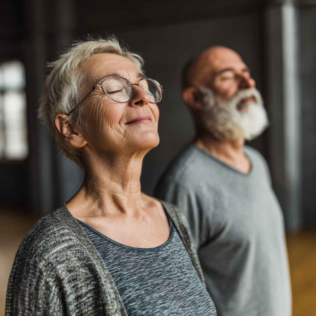 Happy Hungarian adults practicing breathing exercises in a peaceful studio environment