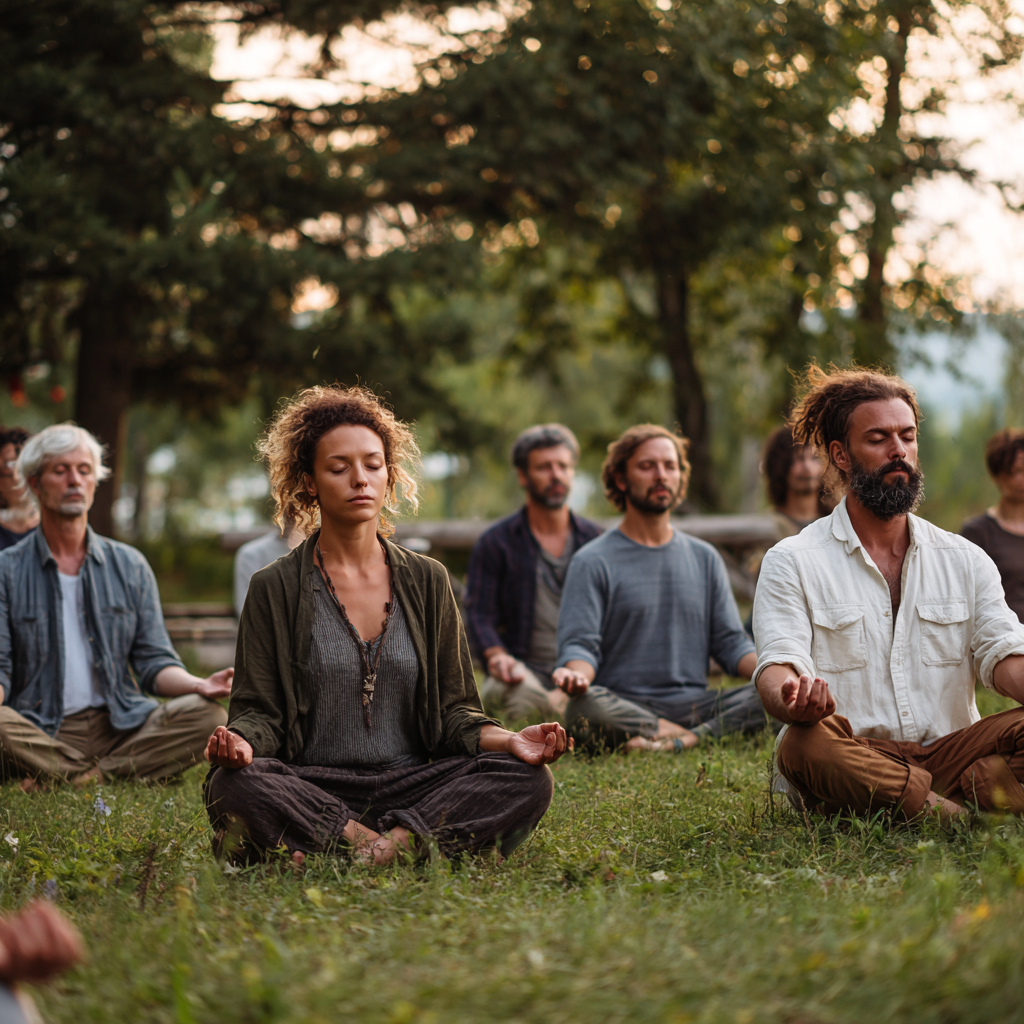 Middle-aged Hungarian man and woman demonstrating synchronized breathing and gentle movement exercises