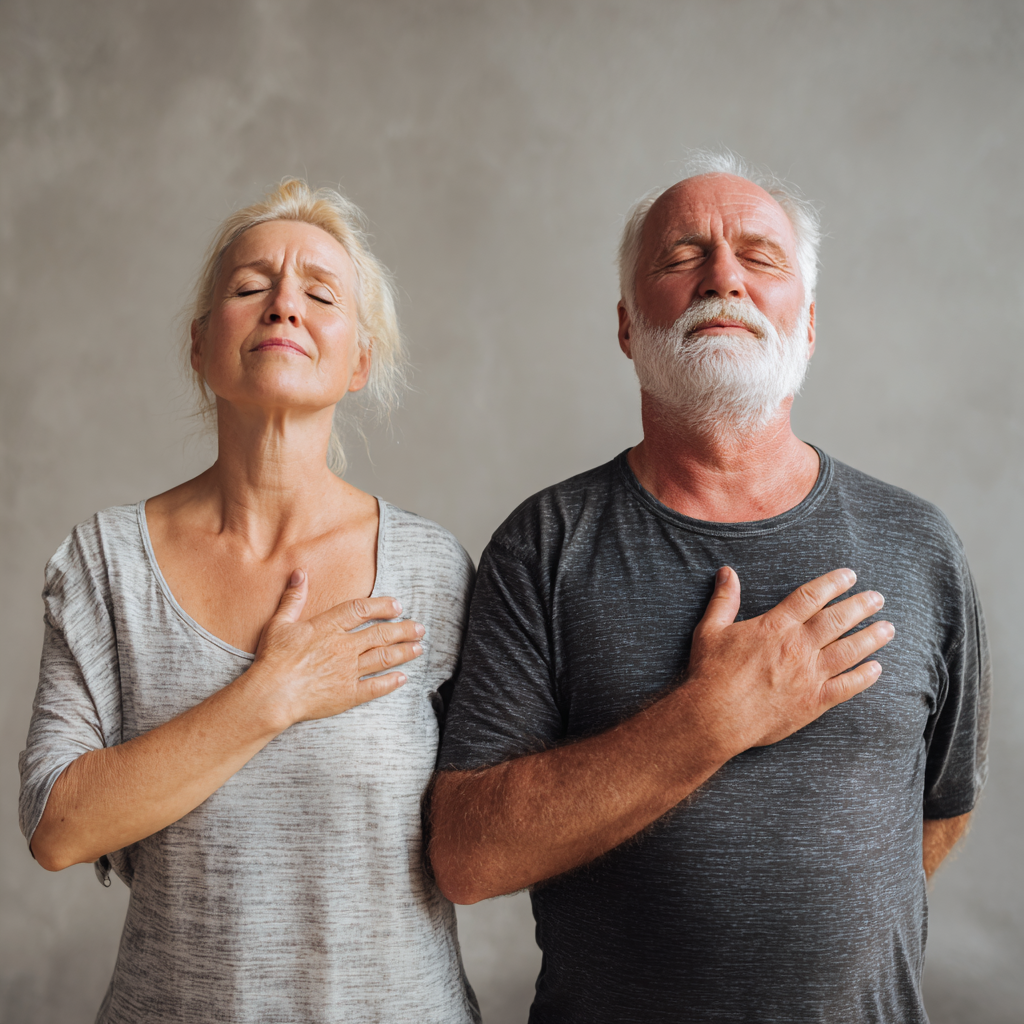 Professional Hungarian office workers taking a break for breathing exercises in a modern office setting
